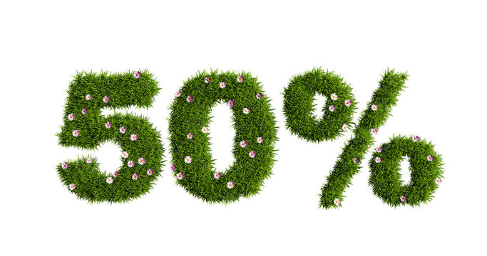 A 50 percent discount sign made of green grass and pink flowers isolated on a white,  3d rendering