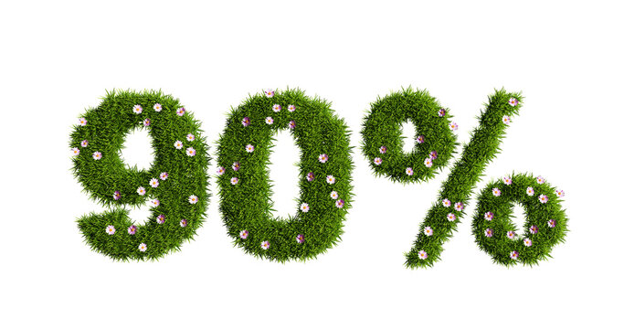 A 90 percent discount sign made of green grass and pink flowers isolated on a white background, 3d rendering
