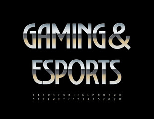 Vector digital banner Gaming and Esports. Elegant Silver Font. Chic set of metallic Alphabet Letters and Numbers