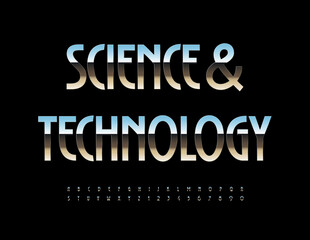 Vector steel Emblem Science and Technology. Modern Metallic Font. Silver Alphabet Letters and Numbers set