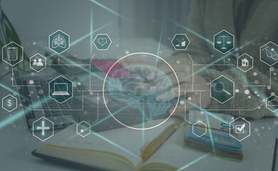 Artificial Intelligence AI, Internet of Things IoT. Business man using laptop computer on technology background, big data, deep learning, smart phone chatbot application, 4.0 industrial technology.