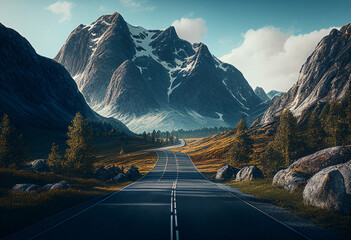 Beautiful mountain landscape with asphalt road and blue sky. 3d rendering generative ai