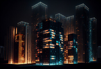 Modern skyscrapers in the city at night. 3D rendering generative ai