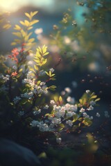 Fototapeta na wymiar Beautiful landscape with plants and flowers. Magic spring background. Generative AI