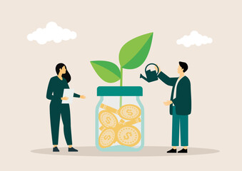 Plant money coin tree growth illustration for Investment Concept. income salary rate increase concept with people character and dollar symbol. Business profit performance of return on investment.