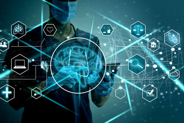 Artificial Intelligence AI, Internet of Things IoT. Business man using laptop computer on...