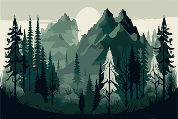 Panorama forest and mountains. Eco mountains. Eco forest. Vector illustration.