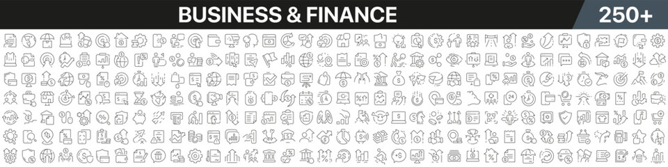 Obraz na płótnie Canvas Business and finance linear icons collection. Big set of more 250 thin line icons in black. Business and finance black icons. Vector illustration