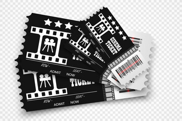 Vector cinema tickets isolated on transparent background. Realistic cinema entrance ticket.	
