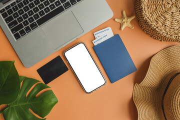 Phone with an isolated screen, credit card, passport and tickets, the concept of vacation and travel