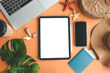 Tablet with isolated screen, summer background, vacation and travel concept