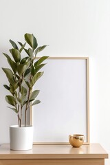 Empty square frame mockup in modern minimalist interior with plant in trendy vase on white wall background, Template for artwork, painting, photo or poster, ai