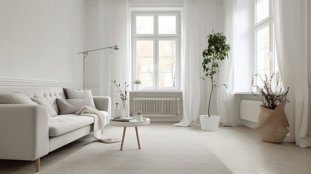 View of modern scandinavian style interior with sofa and trendy vase, Home staging and minimalism concept, ai