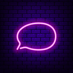 Purple neon speech bubble on a dark brick background. Editable stroke and blend.
