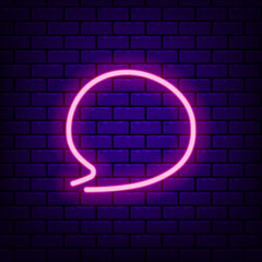 Pink neon speech bubble on a dark brick background. Editable stroke and blend.
