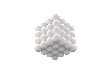 White spheres forming a geometrical cube shape levitating on white background.