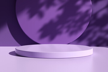 Glossy round podium on table counter with natural light and leaf shadows on the wall.