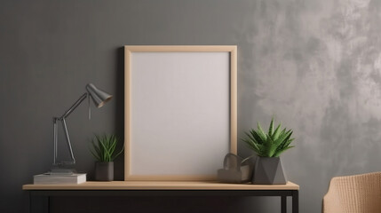 Blank wooden picture frame mockup on wall in modern interior. Horizontal artwork template mock up for artwork, painting, photo or poster in interior design, ai