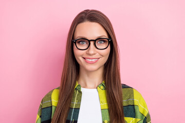 Portrait of nice satisfied clever person beaming smile eyeglasses isolated on pink color background