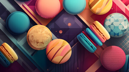 Abstract art. Colorful painting art of an exquisite plate of food. Tasty colorful french macaroons or french cookie macaron. Generative AI.