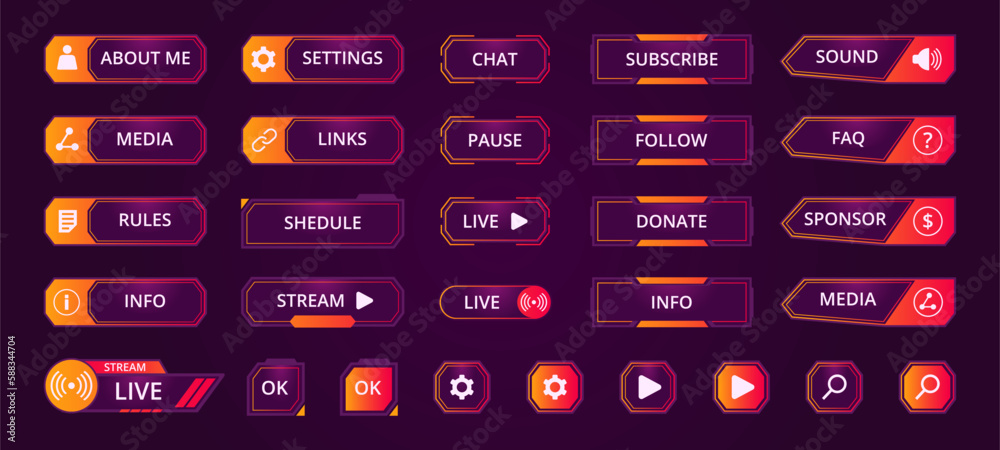 Wall mural gamers stream buttons. game streaming interface elements, mmo game menu. garish frames bars and butt