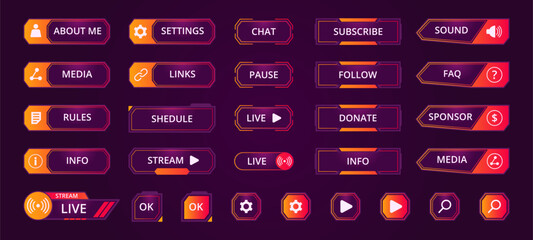 Gamers stream buttons. Game streaming interface elements, mmo game menu. Garish frames bars and buttons flat vector illustration set © GreenSkyStudio