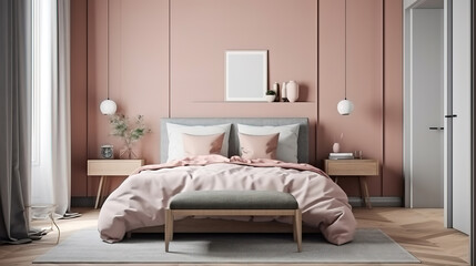 Mockup frame in bedroom interior background, Scandinavian style, 3d render. Generative Ai