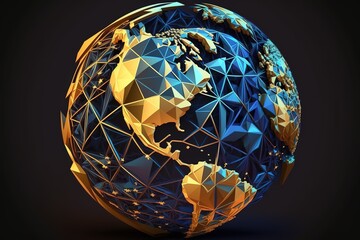 Globe Low poly wire frame, golden, Generative AI