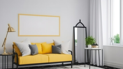 Mockup frame in farmhouse living room interior, 3d render. Generative Ai