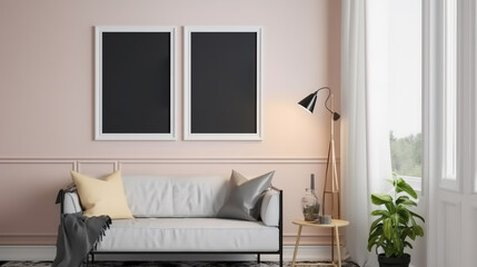 Mockup frame in farmhouse living room interior, 3d render. Generative Ai