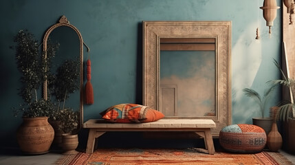 Mockup frame in nomadic boho interior background with rustic decor. Generative Ai