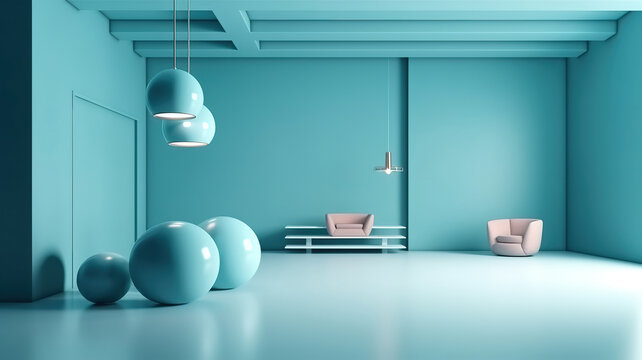 Modern Light Blue Interior Background, Wall Mock Up, 3d Render. Generative Ai