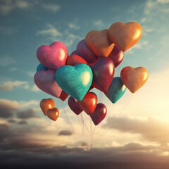 Fototapeta na wymiar Vibrant Heart-Shaped Balloons Soaring in a Stunning Sky