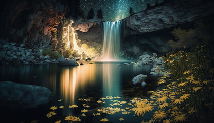 an illustration of a crystal clear lake with a waterfall. Glowing particles, night scene, emerald color.