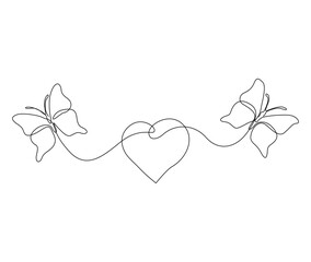 Continuous one line drawing of lovely butterfly couple. Simple flying butterfly shapped love line art vector illustration. Editable stroke.