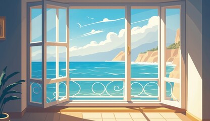 Fototapeta na wymiar open balcony glass window sea view ai generated