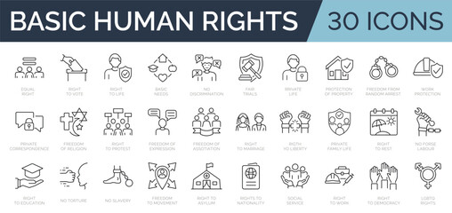 Set of 30 line icons related to human rights. Outline icon collection. Editable stroke. Vector illustration.