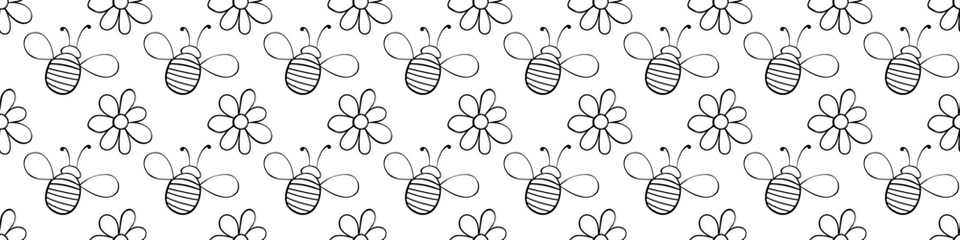 Vector seamless pattern of contoured fat little bees and flowers in doodle style. Cute cartoon honey insects on glade. Background and texture on theme of nature, spring, summer, children print