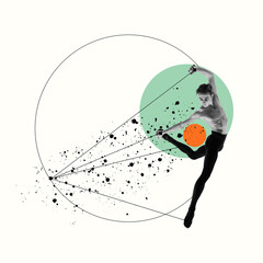 Handsome young man, ballet dancer with muscular relief body dancing over pastel background with abstract design elements. Contemporary art collage. Concept of classical ballet, creativity, inspiration