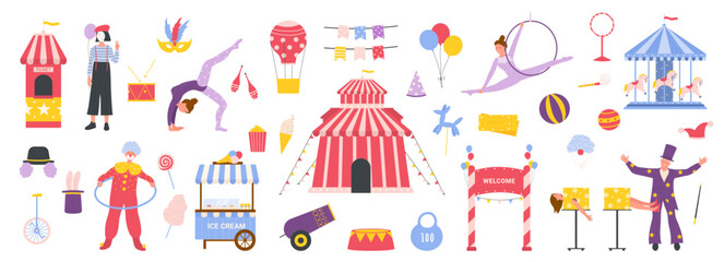 Circus set vector illustration. Cartoon isolated magician and clown, acrobat and mime, performers of magic carnival show in costumes and circus equipment, chapiteau tent in cute funny collection © Flash Vector