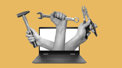 Art collage, hands with tools from a laptop on light background with space for text.