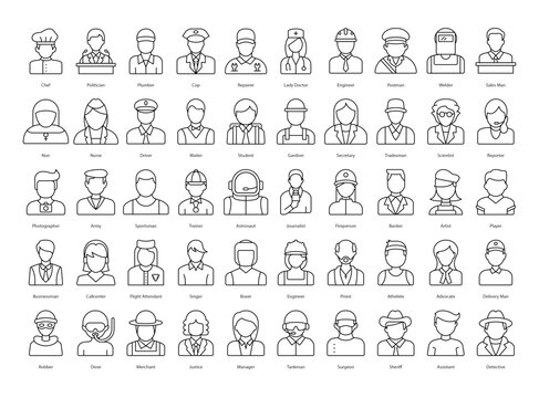 Professions Thin Line Icons Work Jobs Iconset in Outline Style 50 Vector Icons in Black
