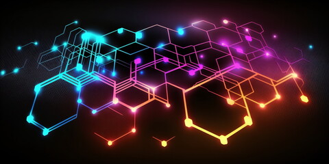 Obraz premium Abstrakte Verbindungsstruktur mit bunten Neon Polygon Hintergrund. Technologie und Wissenschaft Konzept - erstellt mit KI 
