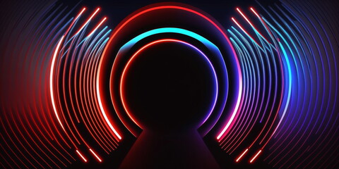 3D abstrakter Hintergrund mit Neonlichtern. Neontunnel - erstellt mit KI - obrazy, fototapety, plakaty