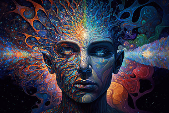 Human experiencing dmt psychedelics. Psychoactive magic mushrooms hallucinogen drug experience. Psilocybin psychotropic acid trippy art. Ai generated