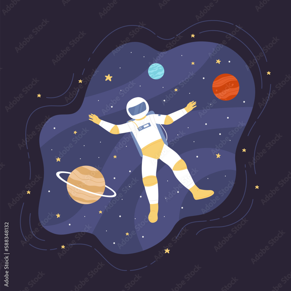 Wall mural astronaut floating in space without gravity vector illustration. cartoon lost spaceman in helmet and