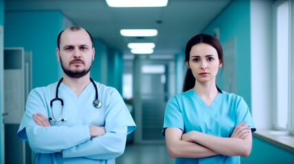 Portrait Of Medical Team Doctors Standing In Hospital Corridor, professional male and female confident medical  workers