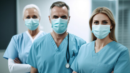 Nurses and doctors at hospital, wearing masks healthcare and health expert team united, teamwork and support at a clinic