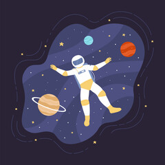 Astronaut floating in space without gravity vector illustration. Cartoon lost spaceman in helmet and spacesuit flying to discovery space, unusual mission and journey of cosmonaut in solar system © Flash Vector
