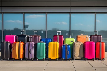Luggage suitcases at airport, ready for travelers' journeys, banner with copy space, vacation and travel concepts. generative ai - obrazy, fototapety, plakaty
